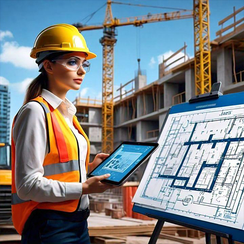 A Woman is viewing the Architectural design at Consturtion site.