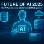 Futuristic AI 2025 illustration showing a glowing AI agent with interconnected systems, cloud storage, and databases representing GenAI agents, RAG, and enterprise LLMs for business innovation and technology.