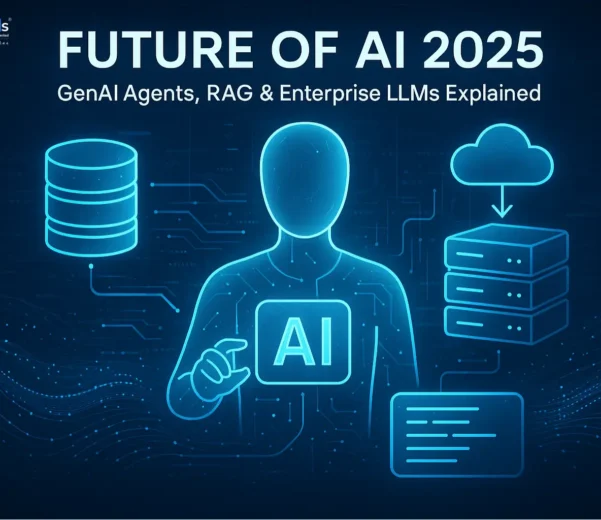 Futuristic AI 2025 illustration showing a glowing AI agent with interconnected systems, cloud storage, and databases representing GenAI agents, RAG, and enterprise LLMs for business innovation and technology.