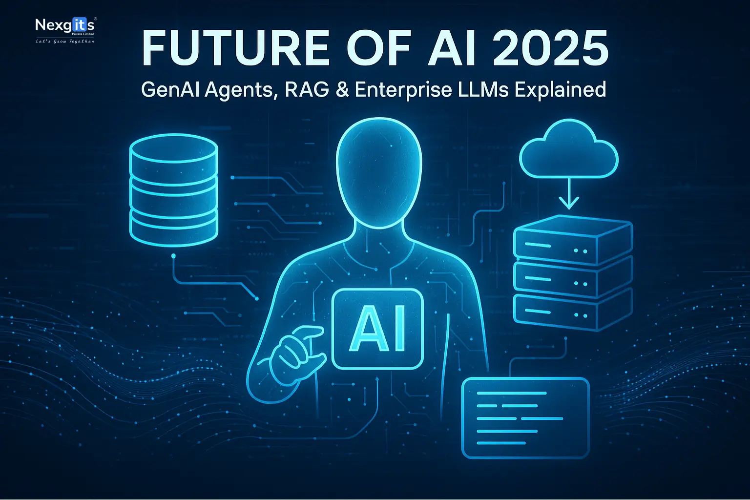Futuristic AI 2025 illustration showing a glowing AI agent with interconnected systems, cloud storage, and databases representing GenAI agents, RAG, and enterprise LLMs for business innovation and technology.