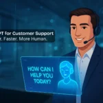 Customer support agent with headset using ChatGPT AI assistant in a modern office, with a holographic display showing 'How can I help you today?'