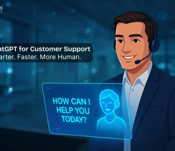 Customer support agent with headset using ChatGPT AI assistant in a modern office, with a holographic display showing 'How can I help you today?'