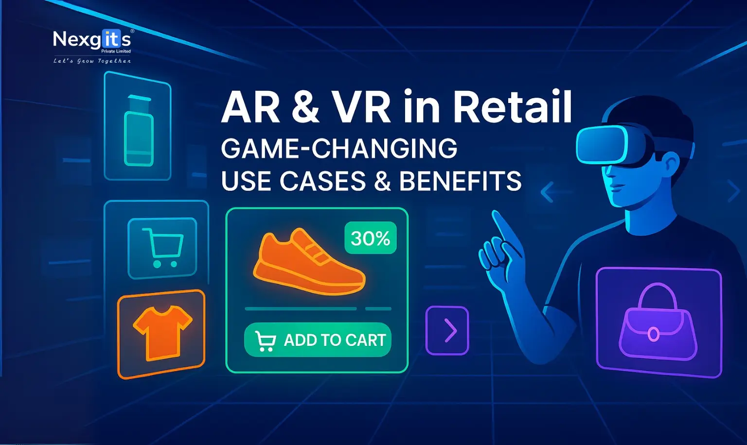 AR and VR in retail showing virtual try-ons, VR showrooms, and AR product previews for enhanced shopping experiences.