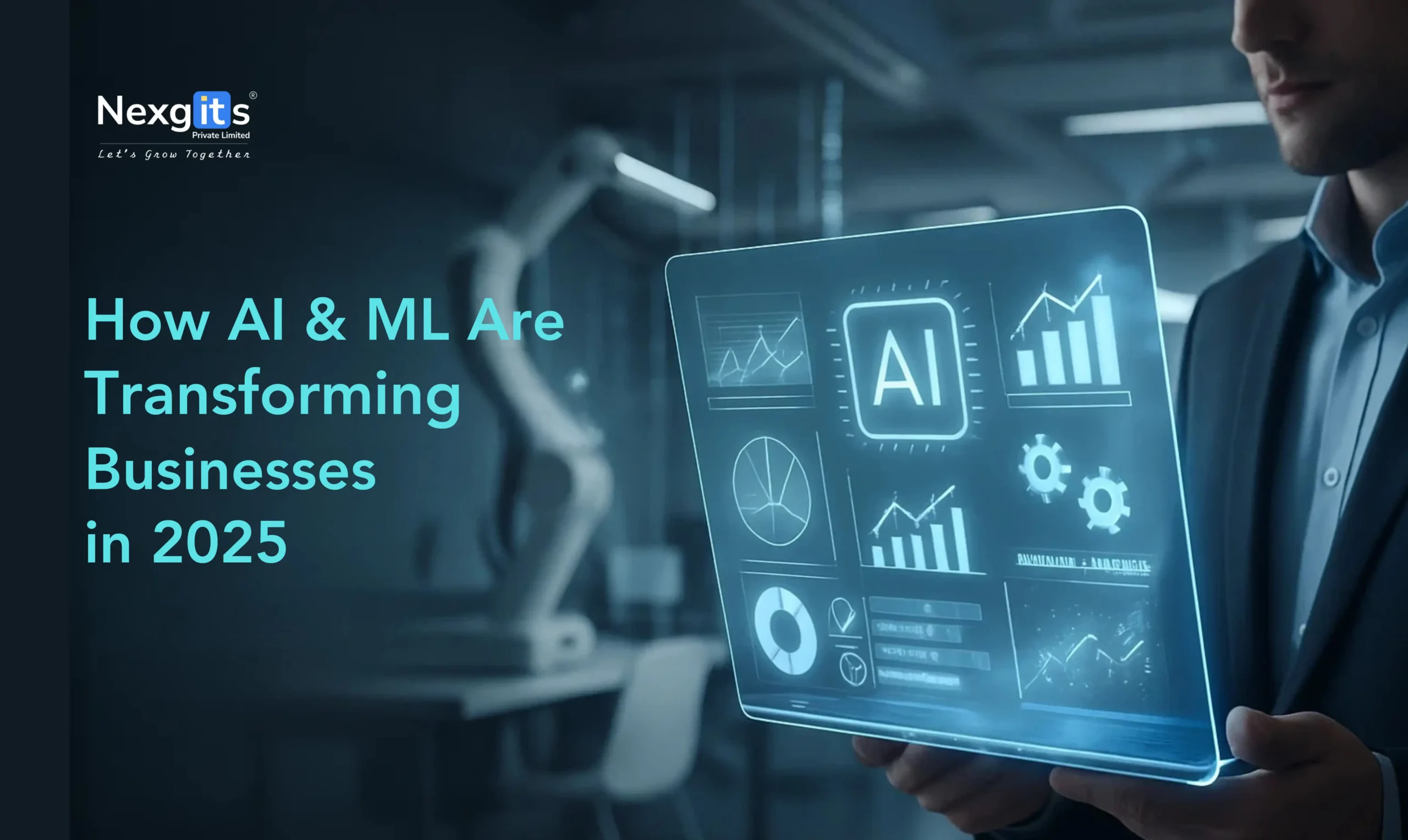 Futuristic business environment showing AI and ML dashboard visualizations, emphasizing how artificial intelligence and machine learning are transforming businesses in 2025.