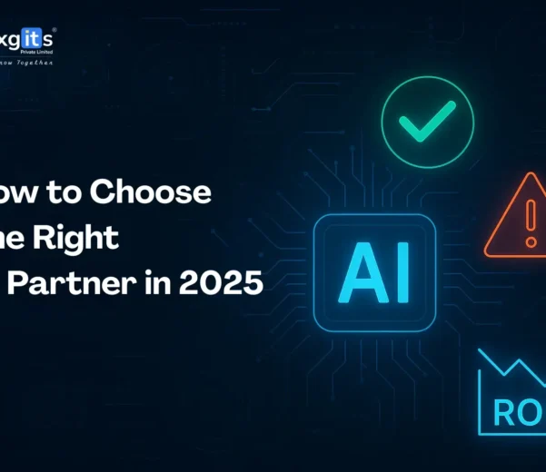 Digital guide cover on how to choose the right AI partner in 2025 with focus on ROI, risk, and compliance.
