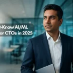 Feature image showing top 5 AI and machine learning tools for CTOs in 2025 with a professional business leader in modern office setting
