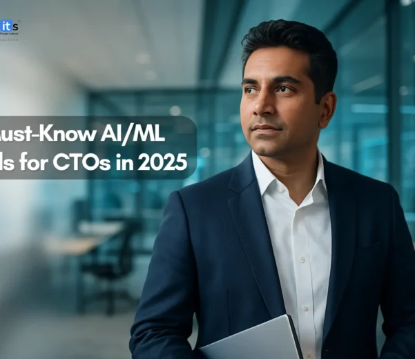 Feature image showing top 5 AI and machine learning tools for CTOs in 2025 with a professional business leader in modern office setting