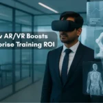 Business professional using AR/VR headset in a modern office with digital data and holographic elements showcasing enterprise training ROI boost.