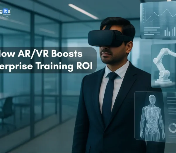 Business professional using AR/VR headset in a modern office with digital data and holographic elements showcasing enterprise training ROI boost.