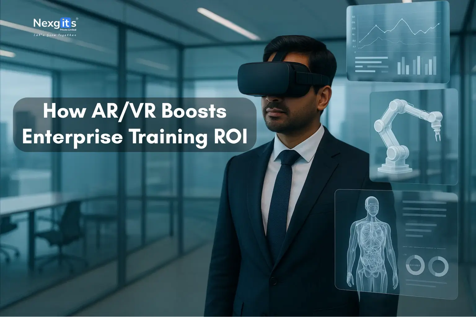 Business professional using AR/VR headset in a modern office with digital data and holographic elements showcasing enterprise training ROI boost.