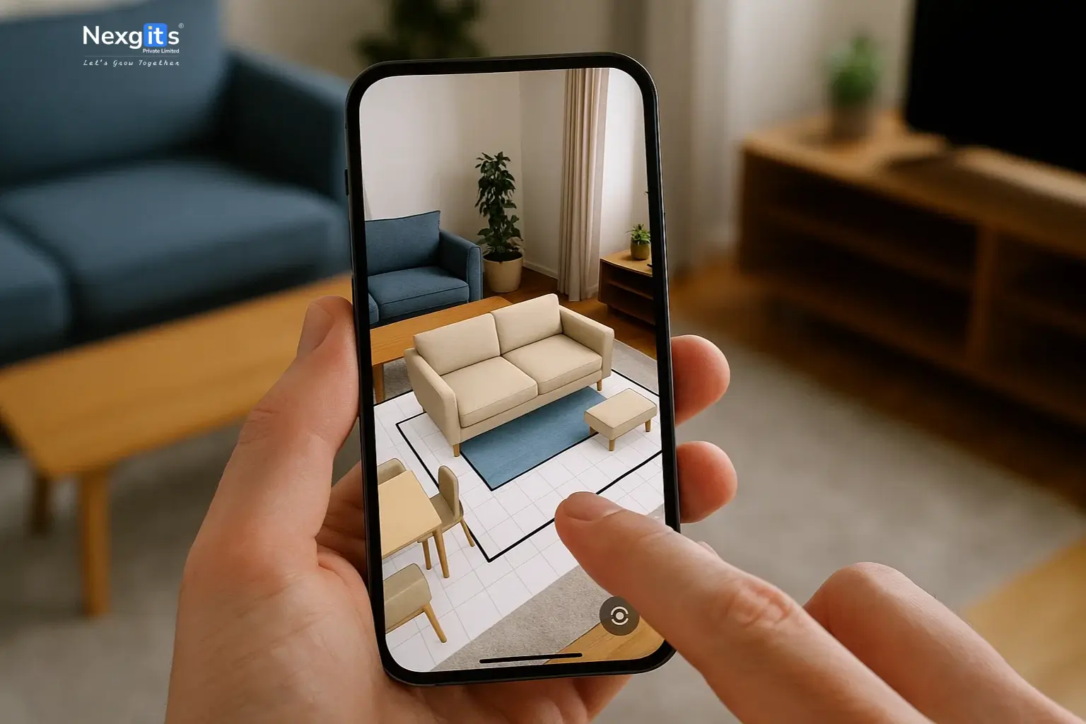 An AR floor plan displayed on a mobile phone, with virtual furniture placed in a real-world living room.