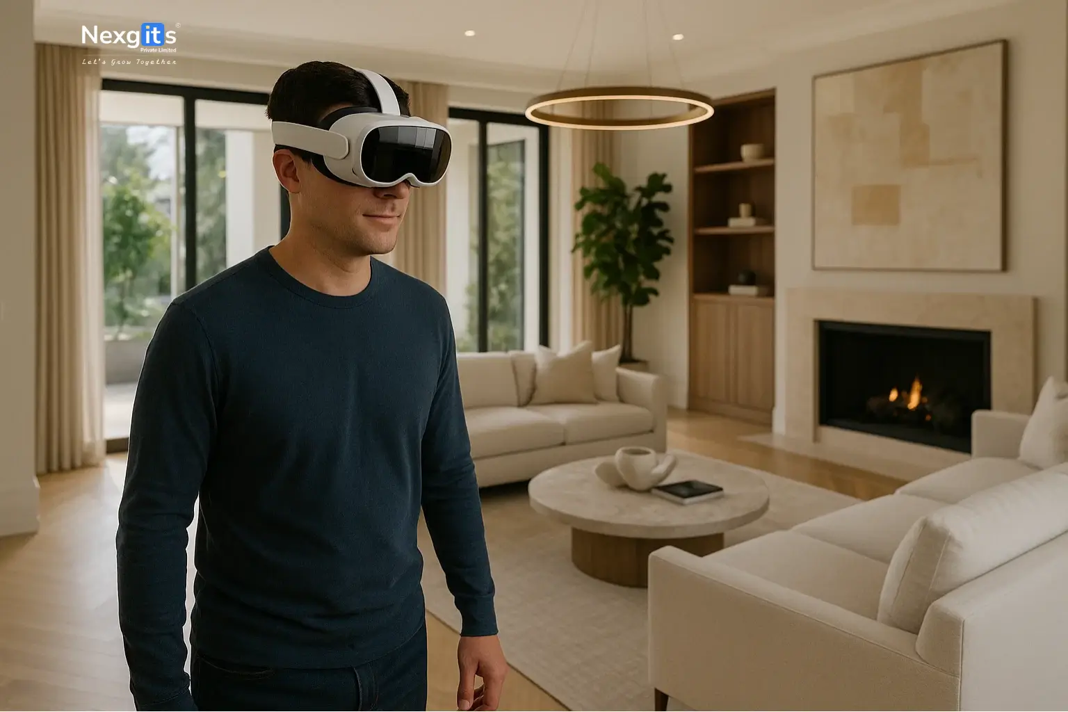 A person using a Meta Quest 3 headset to take a virtual tour of a modern luxury home.